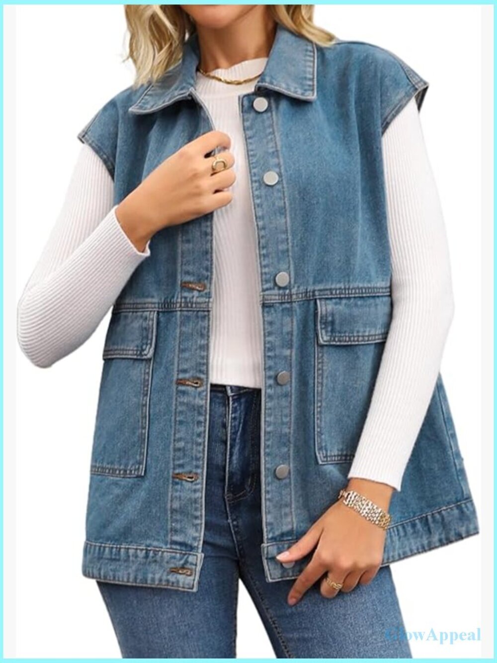Oversized Long Denim Vest Button Down Sleeveless Jean Jacket Utility